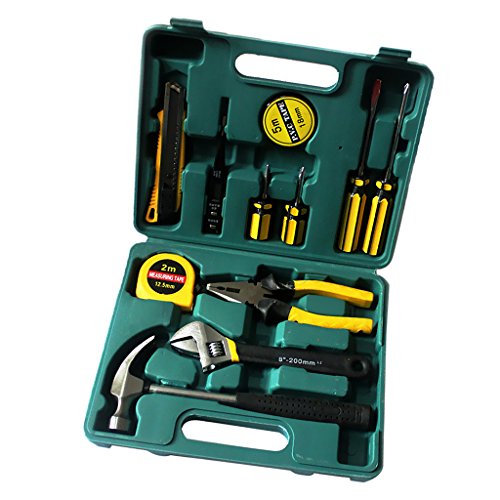 MagiDeal Green Homeowner Tool Set General Household Hand Tools Kit with Plastic Toolbox Storage Case Hammer Wrench Plier Tape Measure Screwdriver Electrical Tape Electric Pen Cutter