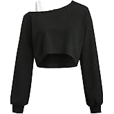 Remidoo Off The Shoulder Tops for Women Cropped Sweatshirt Long Sleeve Top Asymmetrical Patchwork Shirt
