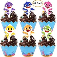 48 pieces Shark Cupcake Toppers Wrappers Shark Theme Party Supplies- Shark Family Baby Shower Birthday Party Decorations