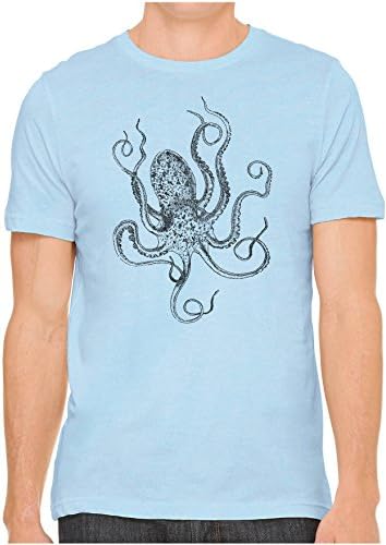 Unisex Mens Reef Octopus Drawing Hand Screen Printed Fitted Cotton T-Shirt, Baby Blue, 3XL