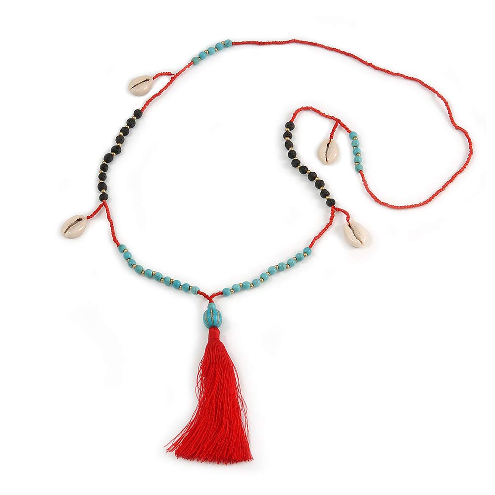 Avalaya Turquoise Sea Shell/Faux Tree Seed/Glass Bead/Red Cotton Tassel Long Necklace/90cm L/ 12cm Tassel