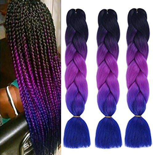 Linxiu Synthetic Braiding Hair Extensions Kanekalon Hair Ombre Braiding Hair 24Inch High Temperature Twist Hair Extensions 3Pcs/Lot 100g/Pcs(Black-Purple-Royal Blue)