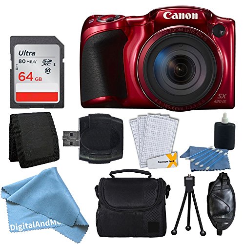 Canon-PowerShot-SX420-IS-20-MP-Digital-Camera-Red-with-42x-Optical-Zoom-and-Built-In-Wi-Fi-64GB-SD-Card-Deluxe-Camera-Case-Memory-Card-Wallet-DigitalAndMore-Full-CleaningAccessory-Bundle