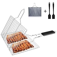 Grill Basket,Portable BBQ Grilling Basket with Foldable Wooden Handle, Stainless Steel Barbeque Grill Basket with Storage Bag & 2 Silicone Brushes, Outdoor BBQ Tools for Meats, Fishs, Seafoods, Vegeta