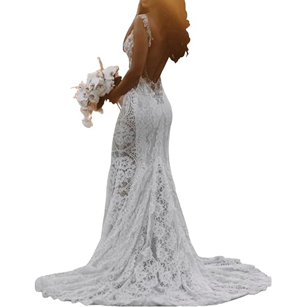 Sexy Mermaid/Trumpet Boho V Neck Wedding Dress Sleeveless Open Back Court  Train with Appliques Beach Wedding Dress Ivory at Amazon Women's Clothing  store