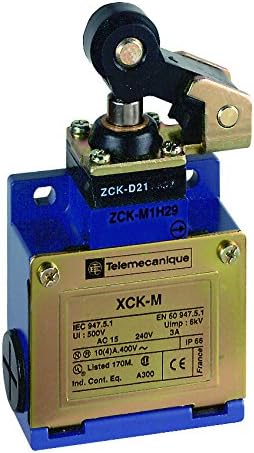 Telemecanique XCKM OsiSense XC Standard Limit Switch, Three Cable Entries, 1 NO and 1 NC Snap-Action Contacts, One-Way Horizontal Plastic Roller Plunger