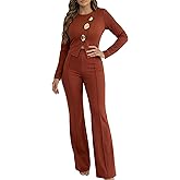 CHICME Women's Long Sleeve Jumpsuit with Gold Accent Buttons Elegant Office and Party Outfit