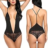 Sweetnight Women Cotton Lace Babydoll Lingerie Sexy Tight Bodysuit One Piece. (S, Black)
