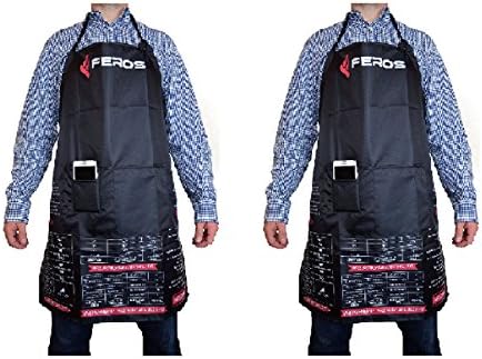 FEROS Cheat Sheet BBQ Apron - (2 pk) - grill times and temperatures printed upside down! Waterproof black apron with white lining - 3 set pockets on front for convenient grilling, cooking, etc.