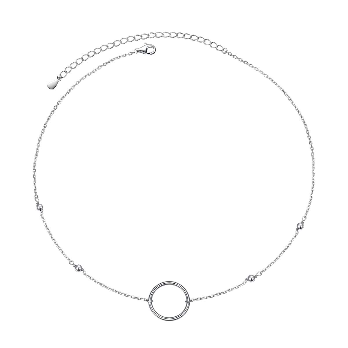 DAOCHONG S925 Sterling Silver Dainty Simple Beads Circle Pendant Eternity Choker Necklace,Rolo Chain,13 to 16 inches