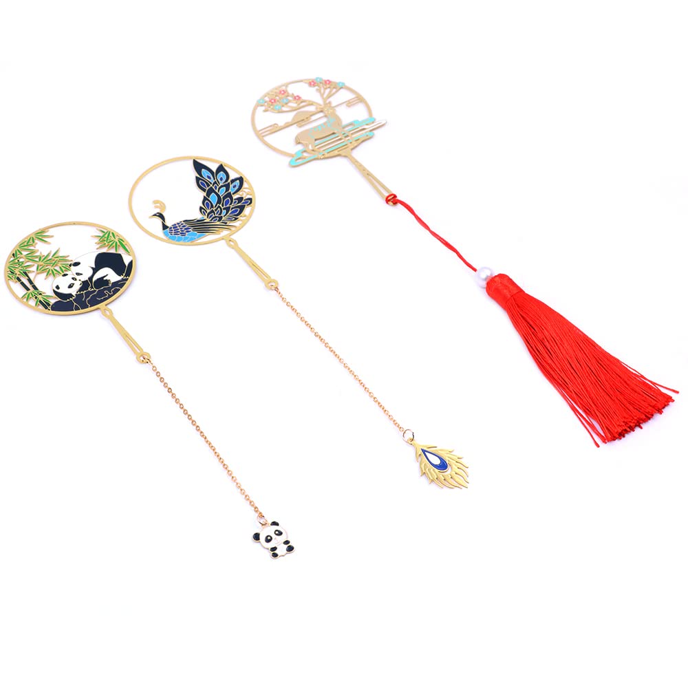 WANGCL 3 Pcs Metal Animal Bookmark, Classical Vintage Bookmarks Book Page Marker Gold Chain Pendants with Gift Box for Reader Women and Kids（Peacock, Panda, Sika Deer