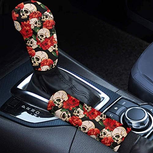 KUILIUPET 2 Pcs Auto Handbrake Cover Sleeve with Car Gear Shift Knob Cover,Skulls Roses Pattern Printed 2 Pieces,Four Seasons Universal Fit Breathable Non-Slip Car Accessories: Home Improvement