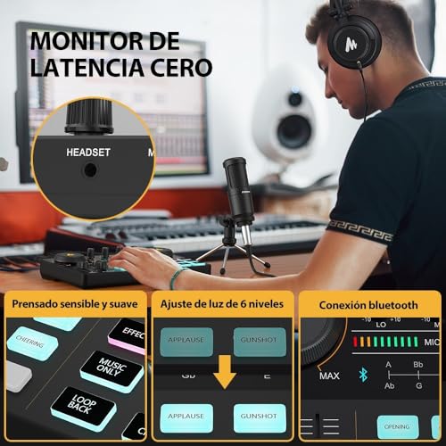 MAONO Mezcladora Interfaz de Audio caster Lite Estudio de Grabación Portátil TODO EN UNO con Micrófono de 3.5mm para Podcast, Streaming, Guitarra, Grabación y Gamer (AM200-S1)