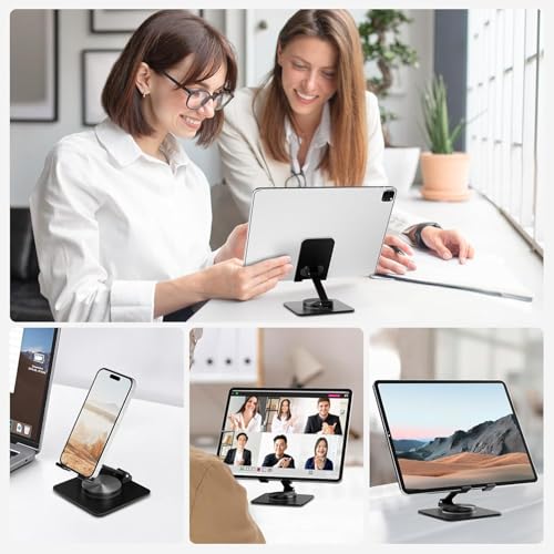 Euqvunn Desk Phone Holder [360° Click Rotation], Adjustable Height Multi-Angle Phone Holder, Foldable Phone Desk, Universal for All Phones and Tablets Phone Holder