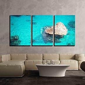 3 Piece Canvas Wall Art - Dreamy Crystal Clear Blue Sea with a Rock - Modern Home Art Stretched and Framed Ready to Hang - 16"x24"x3 Panels