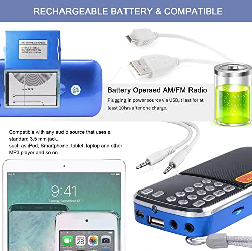 AM FM Portable Pocket Radio Battery Operated - with Best Reception Blue AM FM Compact USB Rechargeable Radios Music Player Support Micro SD/TF Card Slot