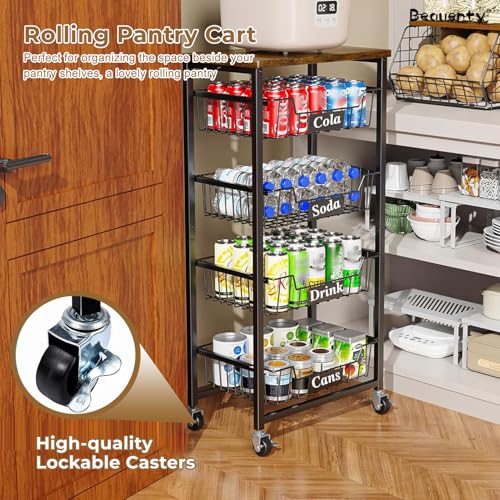 Beauenty 5-Tier Rolling Storage Cart, Pull-out Basket Trolley Organizer Kitchen Storage Shelf, Wooden Top Mobile Shelving Unit Suitable for Kitchen, Living room, Bathroom (Top Panel & 4 Baskets)