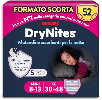 Drynites Pannolini, Taglia L (30-48 Kg), Mutandine assorbenti bambina, 8-13 anni, 52 Pz