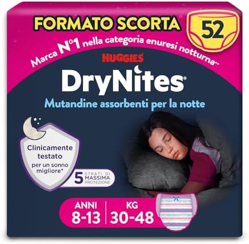 Drynites Pannolini, Taglia L (30-48 Kg), Mutandine assorbenti bambina, 8-13 anni, 52 Pz