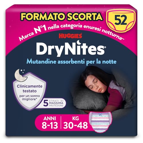 Drynites Pannolini, Taglia L (30-48 Kg), Mutandine assorbenti bambina, 8-13 anni, 52 Pz