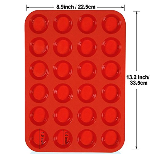 Premium Silicone Mini Muffin & Cupcake Baking Pan Large Non Stick 24 Cup Cookies Molds Bakeware Tin Soap Tray Mould by Meiso (Set of 2) (Red) - Thumbnail 7