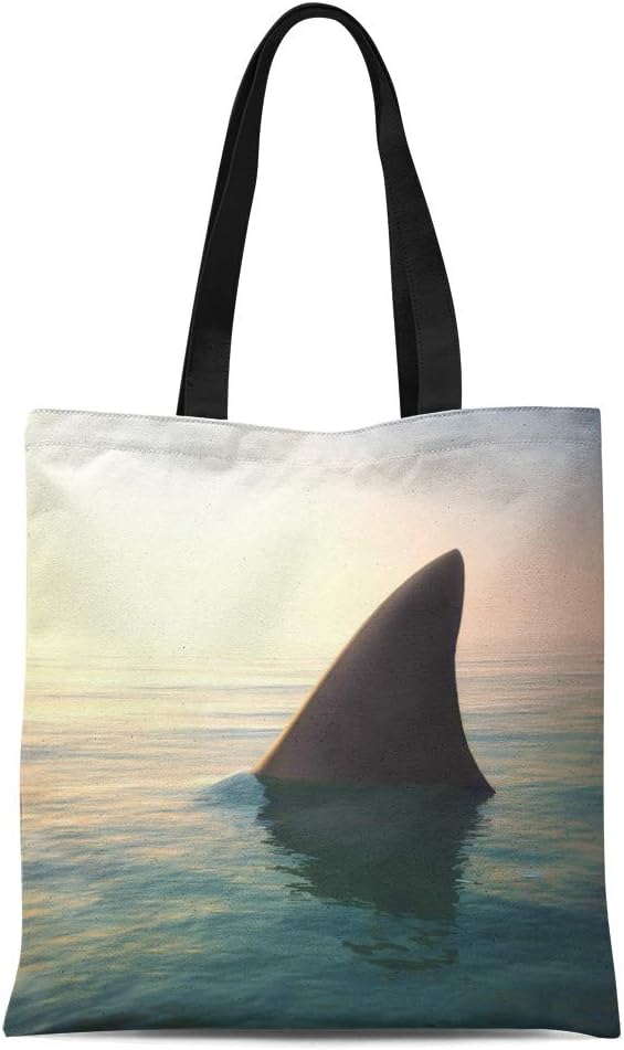 Semtomn Cotton Canvas Tote Bag Blue Fear Shark Fin Above Ocean Water Dorsal Underwater Reusable Shoulder Grocery Shopping Bags Handbag Printed