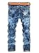 Men's Ripped Badges Slim Fit Jeans Blue A161 40