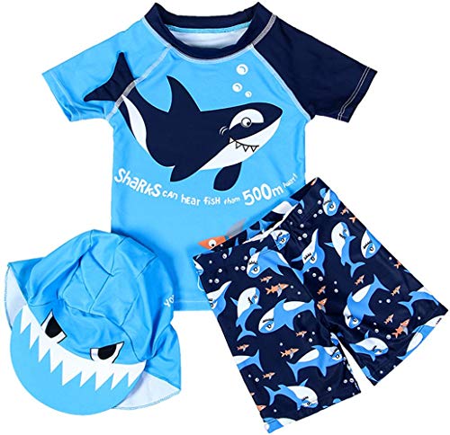 Baby Toddler Boys Two Piece Rash Guard Swimsuits Kids Short Sleeve Sunsuit Swimwear Sets with Hat UPF 50+ Blue Shark (18-24 Months)