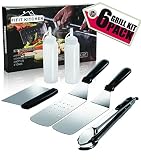 Grill Griddle Accessories BBQ Tool Kit-6 Piece Stainless Steel Grilling Utensils Set-2 Spatulas,1 Tongs,1 Chopper Scrapper,2 Bottle-Fits for Flat Top Cooking,Camping,Teppanyaki Grills and Griddle