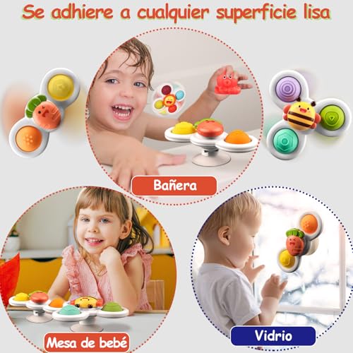 ECHOCUBE Suction Cup Spinner Toys, 3 Pieces Educational Rotating Sensory Toys, Suction Cup High Chair Toy, Suction Cup Bath Toys for Boys and Girls