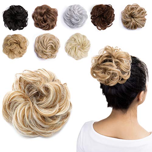 Messy Hair Bun Extensions Synthetic Updo Chignons Donut Elastic Bride Bun Ponytail Scrunchy Hairpiece Wig Accessory for Women 35g Dark Blonde Mix Bleach Blonde-Medium