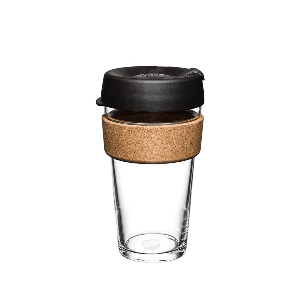 KeepCup Reusable Coffee Cup - Brew Tempered Glass and Natural Cork, L 16oz/454ml - Black