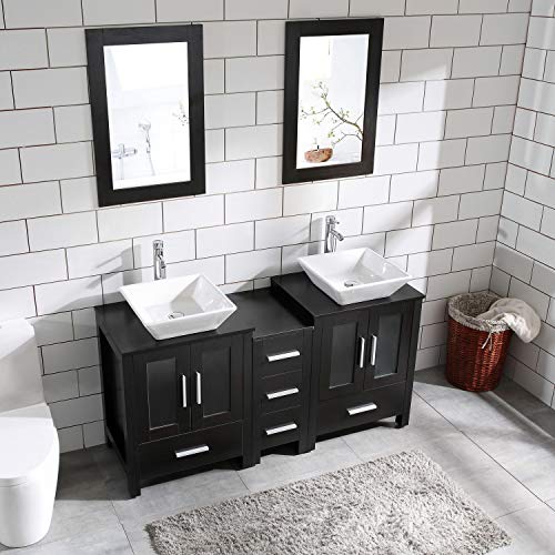 60" Bathroom Vanity Cabinet Double Top Sink Combo Black MDF Wood w/Mirror Faucet and Drain