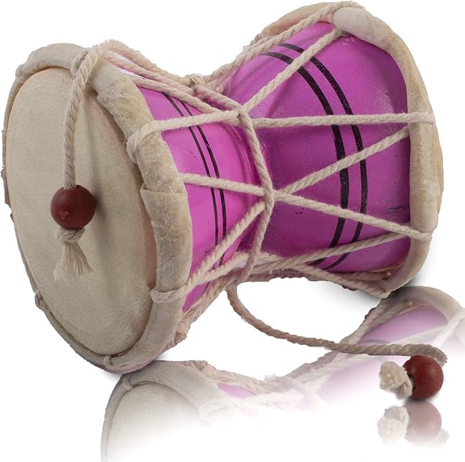 7 cms Small Handmade Traditional Authentic Wooden & Leather Classical Indian Folk Dumroo Damroo Damaru Hand Drum Percussion Instrument Set, Decorative Collectible Showpiece World Musical Instruments
