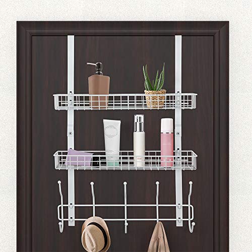 Over The Door Hook 2 Baskets & 5 Hooks Steel Storage Shelf Decorative for Office Home, Storage Organizer Rack for Coat Towel, Jewelry (White) - Thumbnail 7