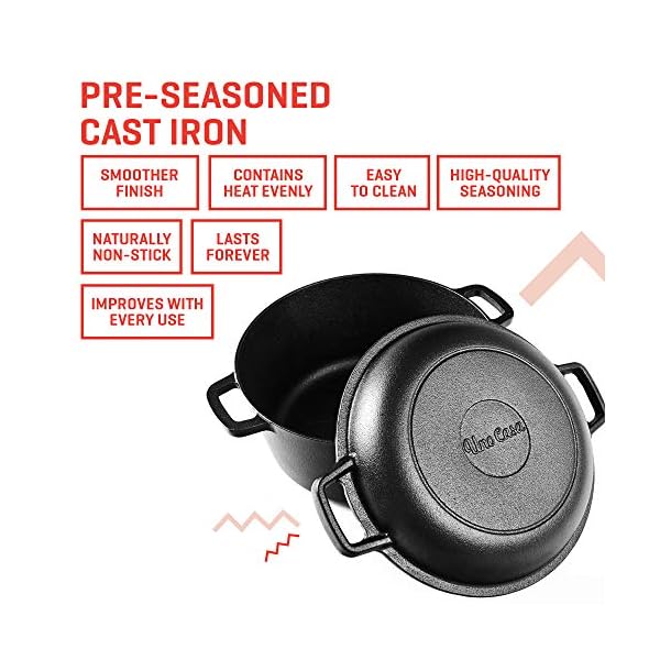 Uno Casa Cast Iron Dutch Oven with Lid- 2 in 1 Camping Oven, 5 Quart Cast Iron Pot, 1.6 Quart Cast Iron Pan, Dutch Oven…