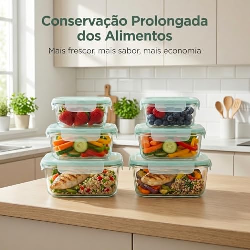 Conjunto 6 Potes Herméticos de Vidro com Tampa, 370ml 640ml 1040ml | Vedação Airtight, Ideal para Geladeira, Ideal para Freezer, Ideal para Marmita, Tampa Branca