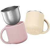 Bakpoco 2-IN-1 Open Baby Cups, Stainless Steel Tiny Cup + Silicone Training Cup for Toddlers Kids Babys, No Plastic Taste | No Soap Smell | Shock-proof BLW Feeding Essentials, 2-Pack, Blush/Beige