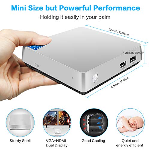 Mini PC, T11 Intel Atom Z8350 Windows 10 Pro Mini Computer 4GB DDR/64GB eMMC/120GB 2.5-Inch SATA III Internal SSD,Support 4K HD,HDMI+VGA Output,2.4G/5G WiFi,Bluetooth,1000Mbps Ethernet