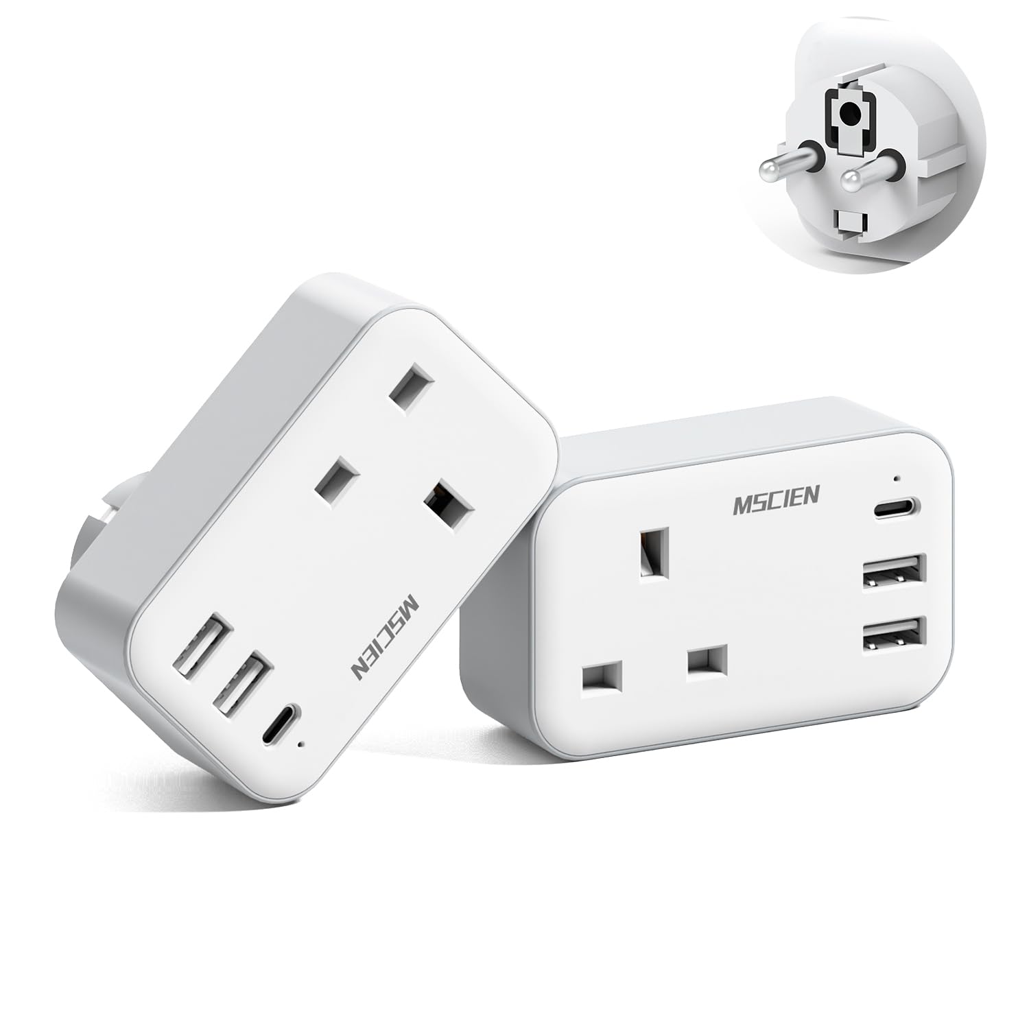 2 Pack UK to European Europe EU Plug Adapter with 3 USB (1 USB C), MSCIEN Euro Schuko Grounded Charger for Turkey Greece Germany France, Type E/F Europe Plug Adapter — image 1