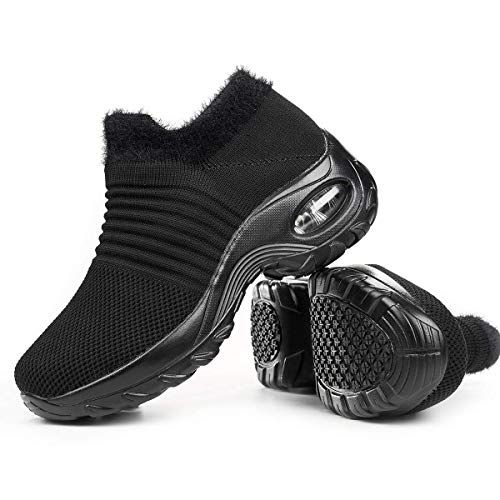 Women's Walking Shoes Snow Boots - Anti-Slip Faux Fur Outdoor Winter Snow Sneakers Slip on Nursing Shoes Winter-Black,7
