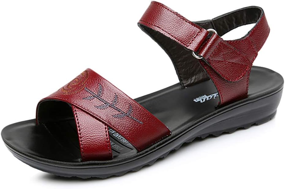Middle-Aged Ladies Leather Sandals Soft Bottom Velcro Sandals