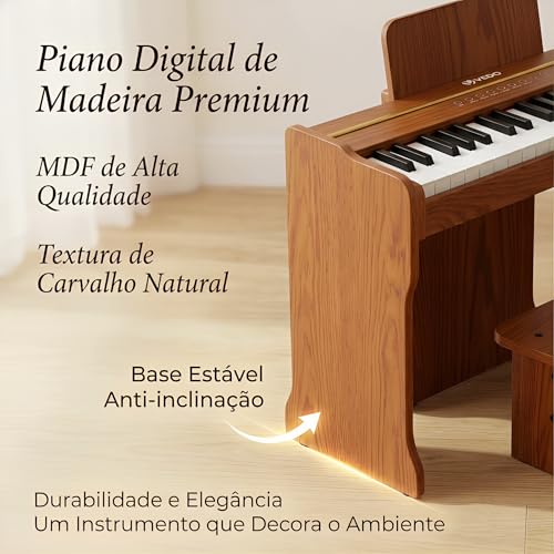 VEDO Piano Digital Infantil 37 Teclas, 128 Timbres, 128 Ritmos, 23 MúSicas De DemonstraçãO, Instrumento Musical Educativo, Madeira De Carvalho, Adequado Para Meninos E Meninas A Partir De 3 Anos