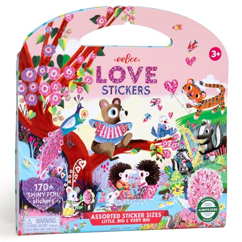 eeBoo: Love Stickers - Valentine's Day - 170+ Animal-Nature-Heart Themed, Shiny Rainbow Foil, 3 Assorted Sizes,12 Page Sticker Book, Kids Ages 3+