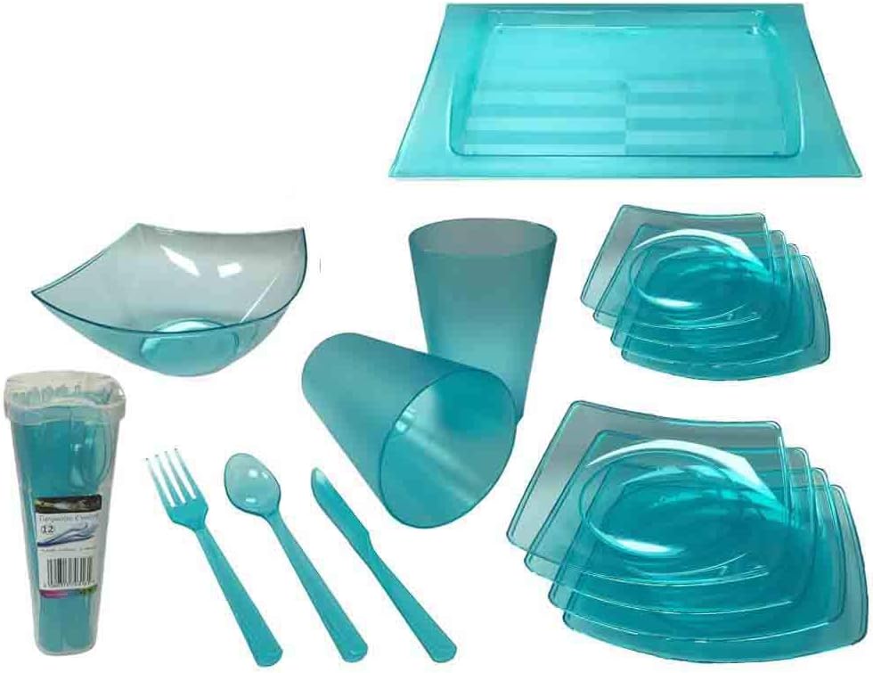 30 pcs Great Quality Plastic Tableware Party Cutlery Plates Bowls Cups Trays Set Summer BBQ (Turquoise Blue)