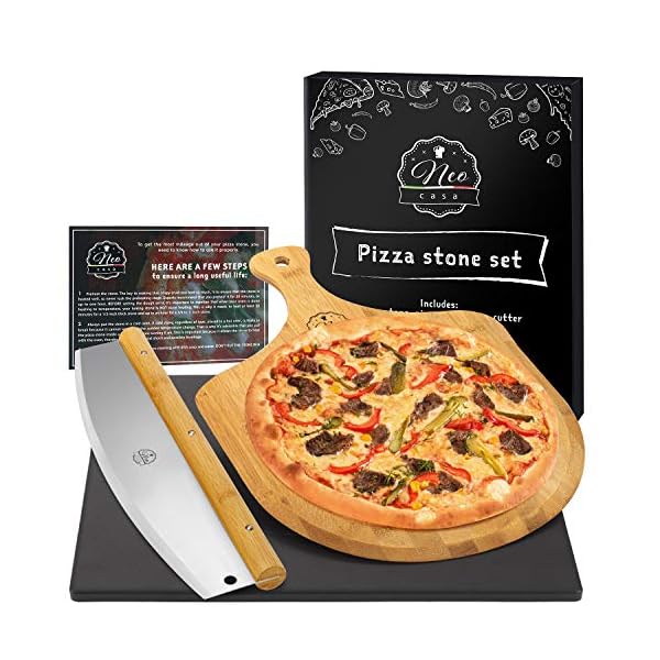 NeoCasa Black Cordierite Ceramic Coated Pizza Stone Pan Set with Bamboo