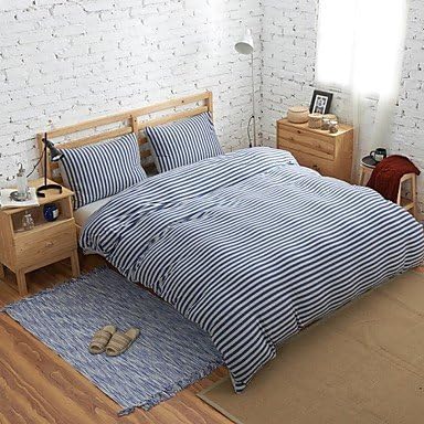 naluo Set Of 4 Muji Style 100% Cotton Knitted fabric Blue&Grey Stripe Duvet Covers