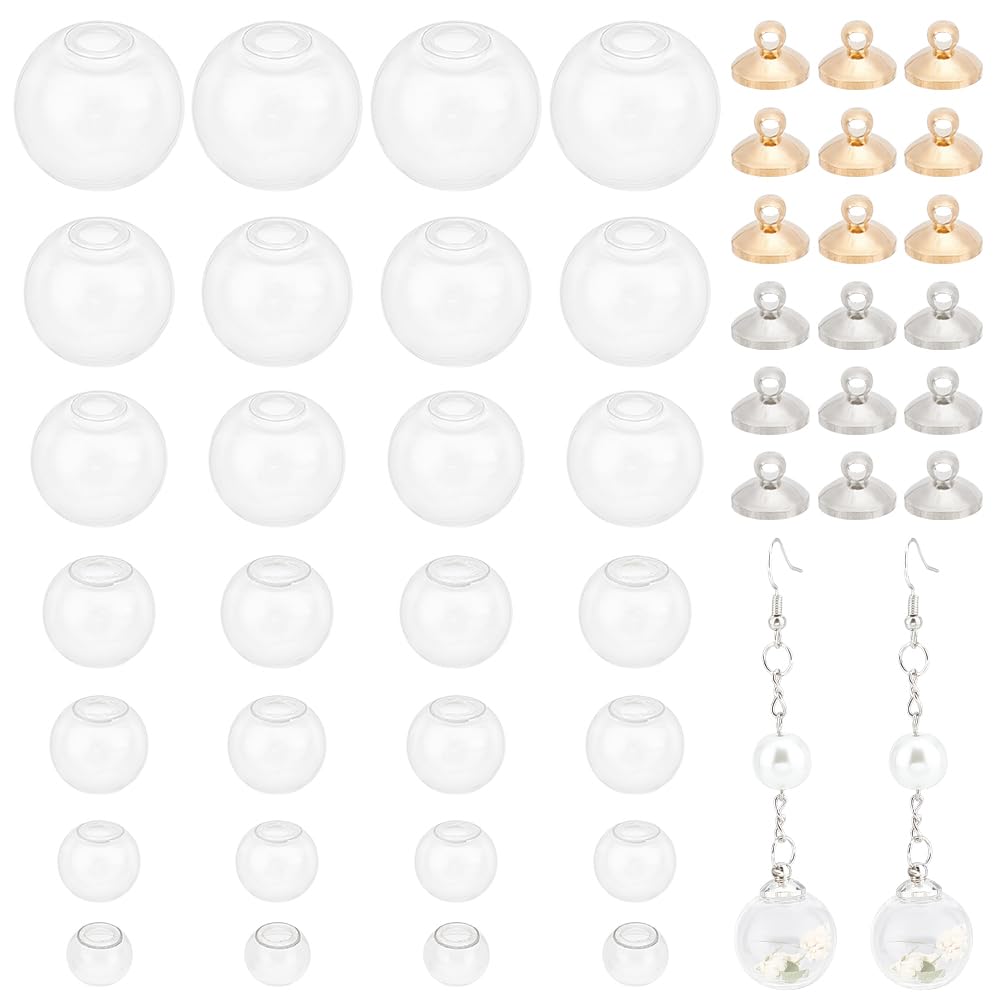 PH PandaHall 42pcs Mini Empty Clear Glass Globe, Wish Glass Ball with Caps Fillable Ball Vial Charm Clear Ornaments Hanging for DIY Pendant Charms Stud Earring Making, 8~20x19mm