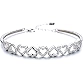 Amy and Annette 14K Gold Plated Hearts Bangle Adjustable Bracelet with Crystals in 14K Gold