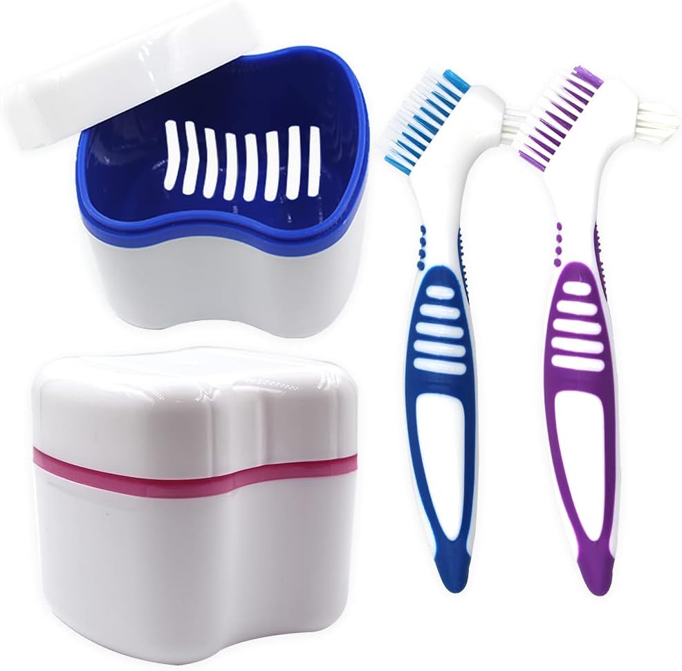 2 Packs Denture Bath Cases and 2 Packs Denture Cleaner Brushes kit, Portable Professional Denture Cups Denture Boxes Dentures Container with Removable Basket for Home Use (Blue, Pink, Purple): Health & Personal Care